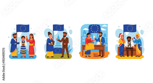 Diverse people celebrating European Union unity and cultural exchange with flags and traditional attire