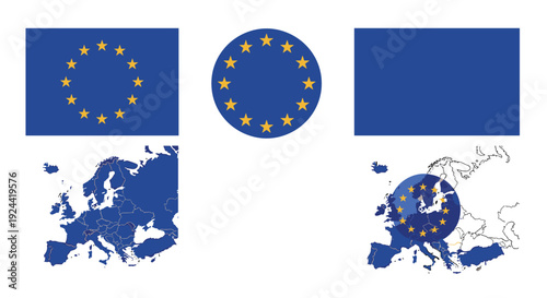 European Union symbols including flag, circle emblem, and map of Europe with superimposed stars