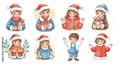 Cute cartoon children in Santa hats holding gifts and wearing winter clothes