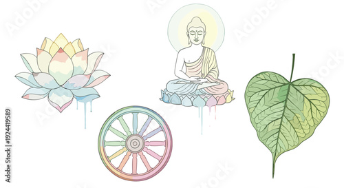 Watercolor illustration of Buddhist symbols: Buddha, lotus, dharma wheel, and Bodhi leaf