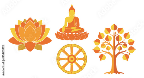 Collection of Buddhist symbols including Buddha, lotus, dharma wheel, and bodhi tree
