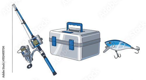 Fishing rod, tackle box, and lure illustration on a white background