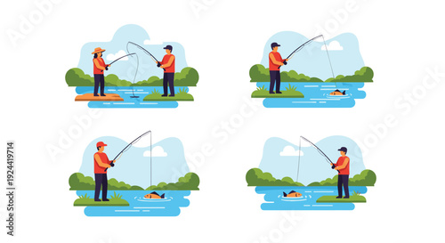 People fishing in a river with trees and clouds in the background, flat illustration