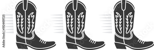 Western cowboy boots silhouette with motion lines, country rodeo footwear vector illustration isolated on white background