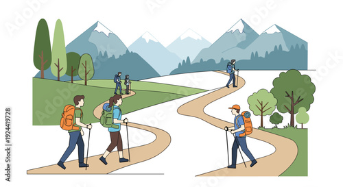 Diverse group of hikers with backpacks and trekking poles enjoying a scenic mountain trail