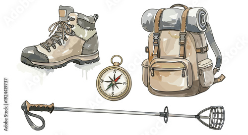 Watercolor illustration of hiking gear including a boot, backpack, compass, and trekking pole
