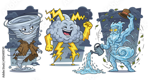 Cartoon personifications of natural forces: tornado, thunderstorm, and water spirit