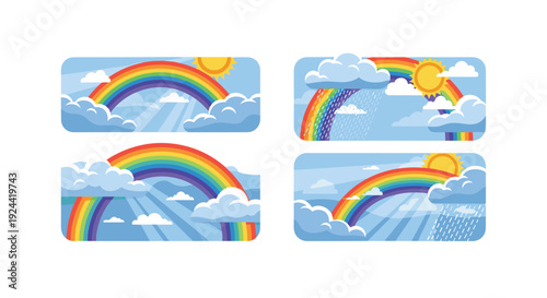 Vibrant rainbow arcs with sun and clouds, some with rain, in a bright sky