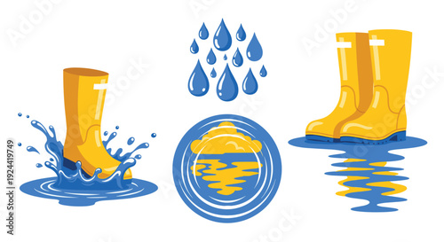 Yellow rain boots splashing in puddles with raindrops and a cloudy sky icon