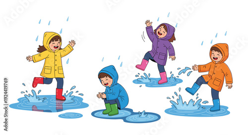 Children in colorful raincoats joyfully splashing in puddles during a rainy day