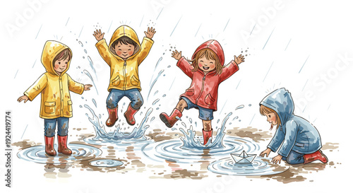 Children in raincoats joyfully jumping in puddles and playing with paper boats