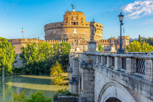 St. Angel's castle and sculptures on St. Angel bridge (Ponte Sant'Angelo) in Rome, Italy