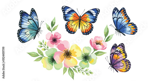 Vibrant watercolor butterflies flutter around a delicate floral arrangement with soft pastel colors