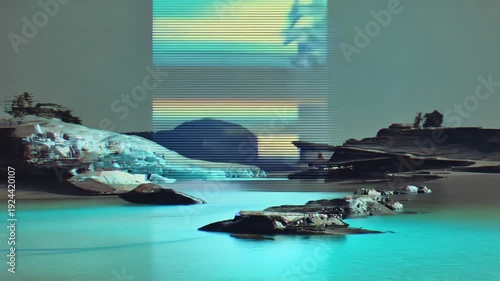 futuristic digital landscape with glitch art