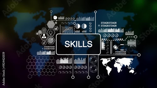 skills Business, Technology, Internet and network concept. Young businessman shows the word on the virtual display of the future on world map background. 