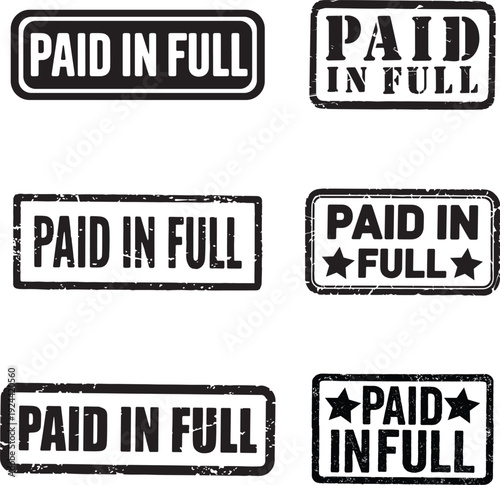 Collection of six grungy rectangular rubber stamps with the words paid in full text