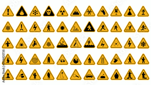 yellow triangular warning and hazard signs featuring various black pictograms, perfect for industrial safety training, workplace compliance, and achieving professional safety rank titles.