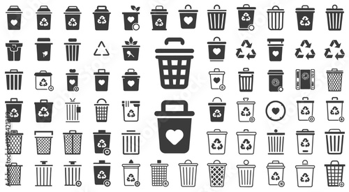 collection of various black and white trash bin and recycling icons in different styles, perfect for environmental management systems, sustainability programs, and top rank titles.