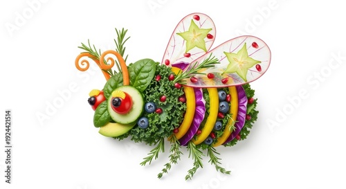 Creative Bee Made of Fresh Vegetables and Fruits