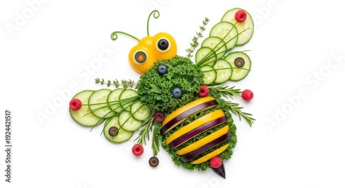 Creative bee made of fresh vegetables and fruits