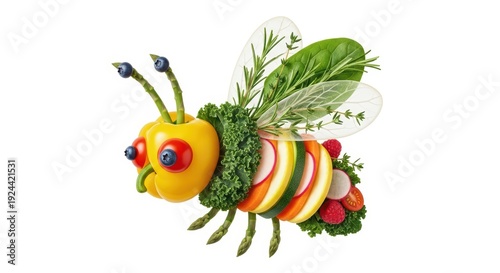 Creative bee made of fresh vegetables and fruits