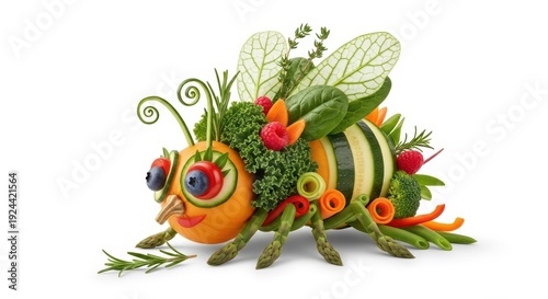 Creative bee made of fresh vegetables and fruits