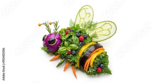 Creative bee made of fresh vegetables and fruits