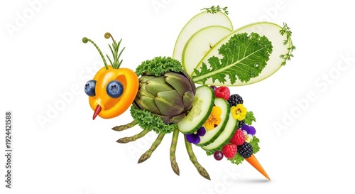Creative bee made of fresh vegetables and fruits