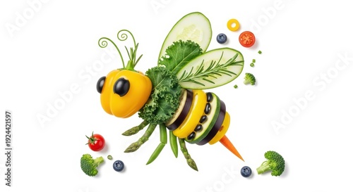 Creative bee made of fresh vegetables and fruits