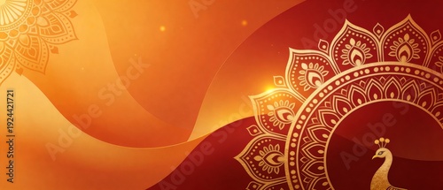 Elegant Indian Festival Background with Golden Peacock and Mandala Ornament on Vibrant Orange and Red Gradient with Copy Space for Diwali and Weddings