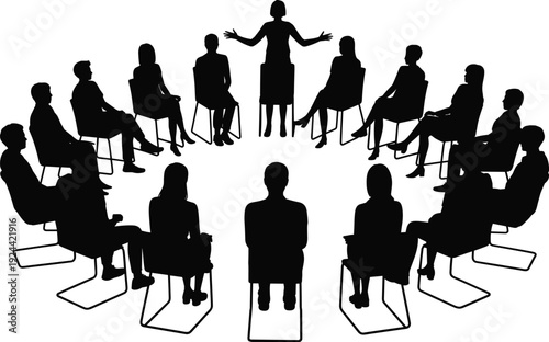 Silhouette of a female leader conducting a business seminar with diverse people sitting in a circle for training or support