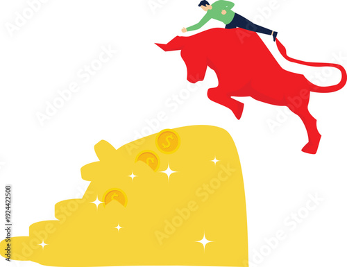 Investing in bulls, stock market investing or financial investing in bulls, wealth growth, trading for greater profits, traders riding bulls leaping over piles of gold coins

