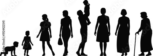 Silhouette of female aging process from infant and child to young woman, mother with baby, middle aged and senior grandmother