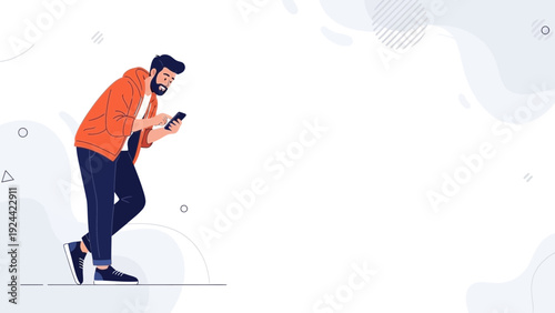 Man using smartphone, modern flat illustration, technology and lifestyle concept