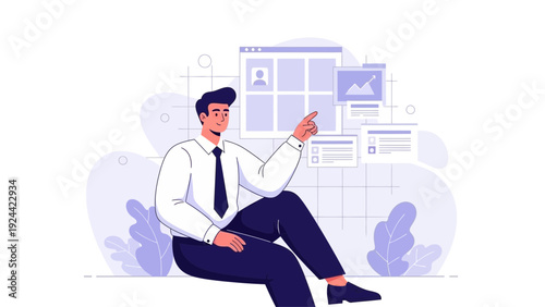 Businessman pointing at digital interface, analytics and project management concept