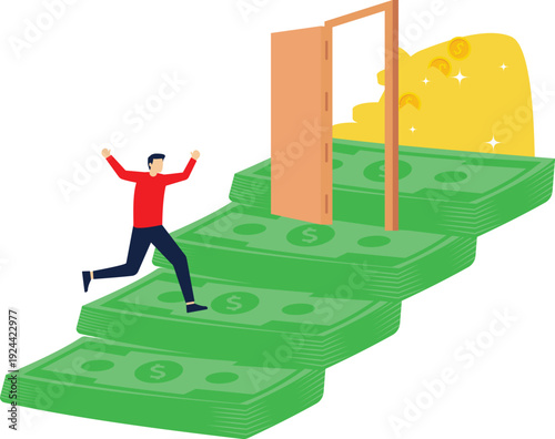 Opening the door to wealth, the ladder of success, isometric businessmen walk up the money ladder and open the door


