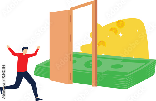 Opening the door to wealth, the ladder of success, isometric businessmen walk up the money ladder and open the door

