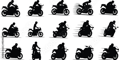 Sport and Touring Motorcycle Silhouette Set Featuring Speeding Bikers and Professional Riders for Extreme Sports Racing and Motorsport Branding Graphics