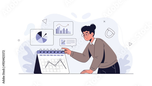 Businesswoman analyzing financial charts and calendar for planning and strategy