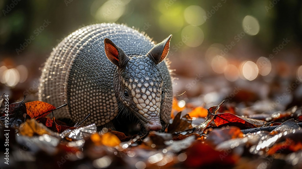 Obraz premium Armadillo exploring forest floor with vibrant autumn leaves