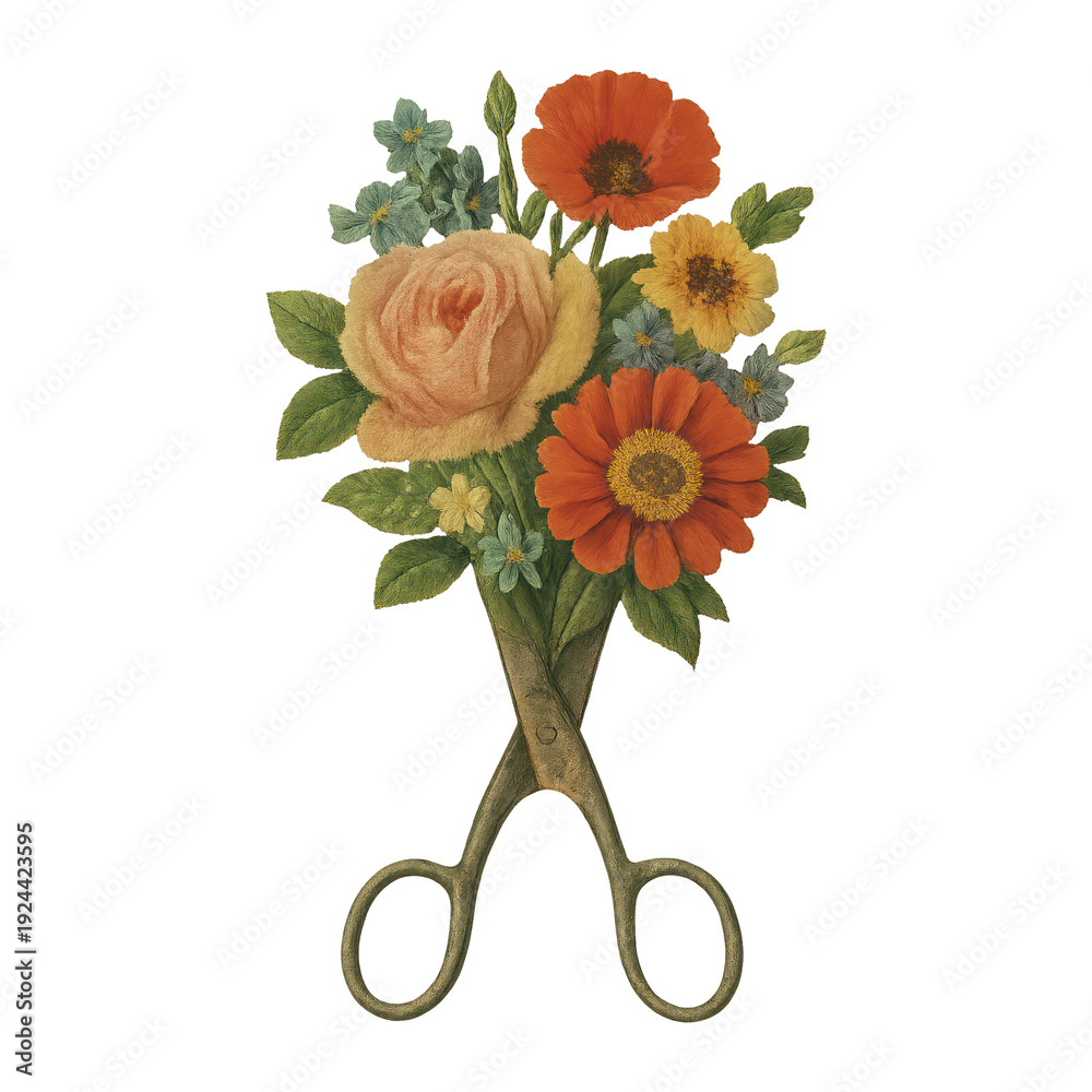 Naklejka premium PNG Vintage floral scissors illustration