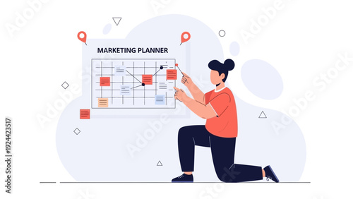 Businesswoman planning marketing strategy on a whiteboard, flat design illustration