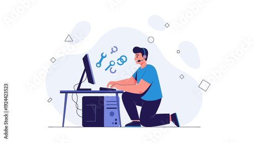 Man working on computer with tools, IT support, tech repair, digital assistance