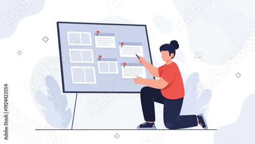 Businesswoman planning project on a large whiteboard with notes and sticky tabs