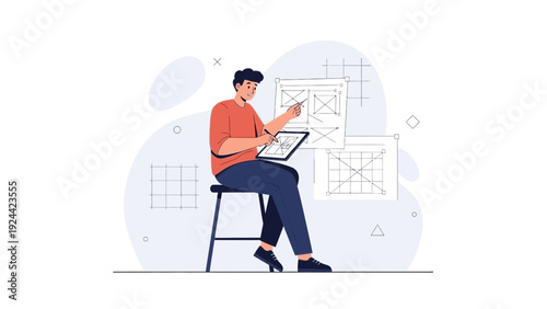Man working on digital tablet with sketches and charts