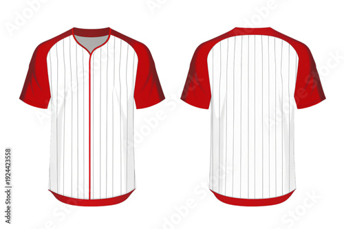 Red and white baseball jersey with pinstripes front and back view