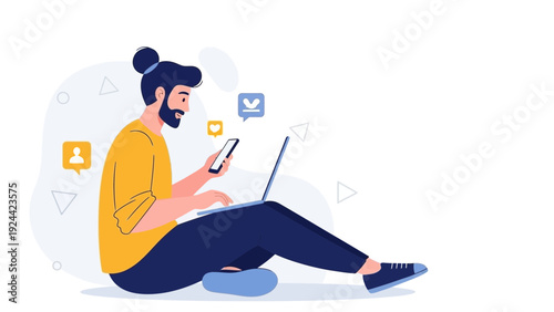 Man working on laptop and phone, social media notifications, modern flat illustration