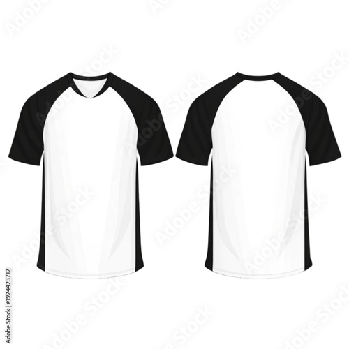 Black and white raglan t shirts front and back views