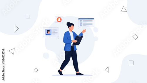 Businesswoman reviewing candidate profile on digital interface, modern flat illustration