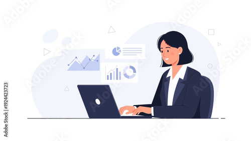 Businesswoman working on laptop with analytics charts on screen, modern office workspace